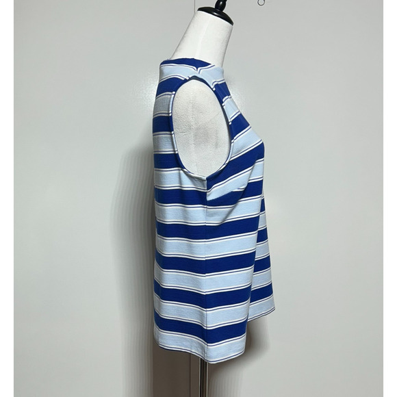 Talbots Top Womens Large Blue White Stripe Textured Button Shoulder Stretch - Picture 4 of 10